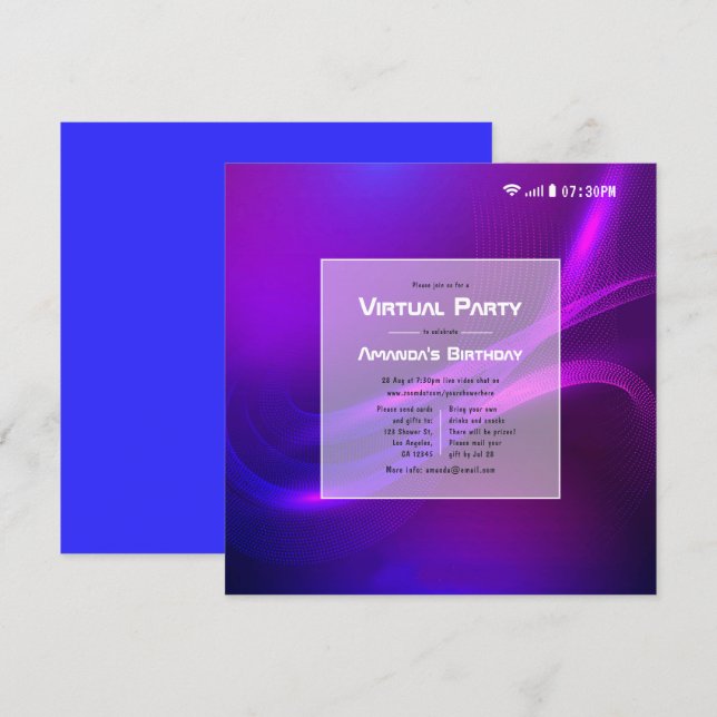 Invitación Fiesta de Cumpleaños Virtual Resplandor Futurista (Anverso / Reverso)