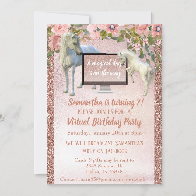 Invitación Fiesta de Cumpleaños Virtual Unicornio Rosa Dorado (Anverso)