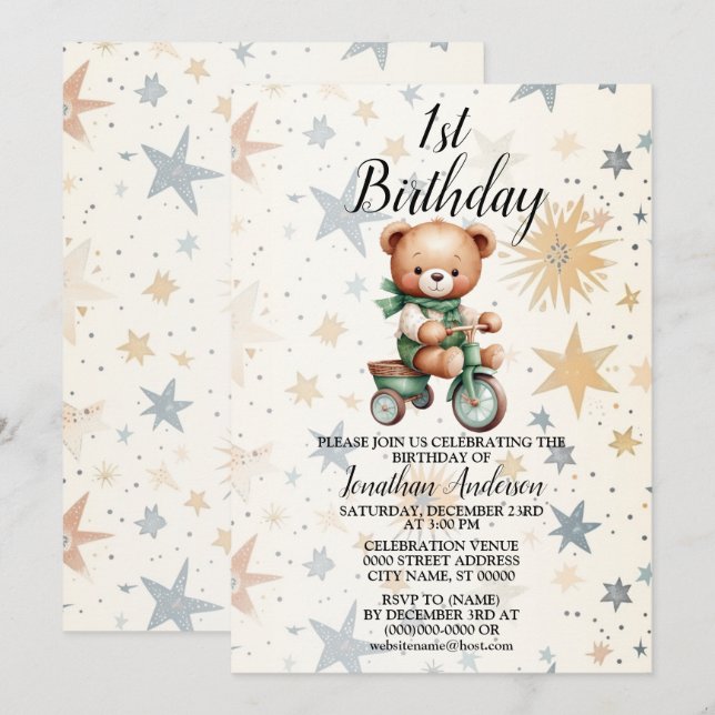 Invitación Fiesta de cumpleaños Watercolor Teddy Bear Bicicle (Anverso / Reverso)