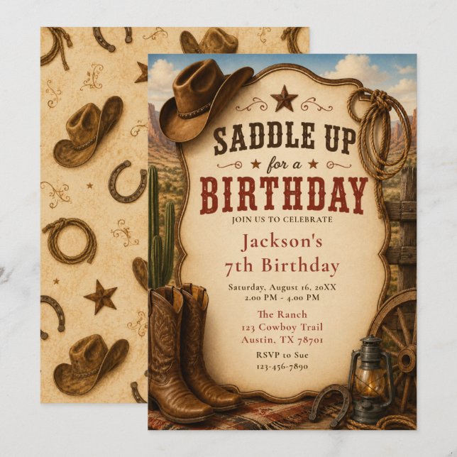 Invitación Fiesta de Cumpleaños Western (Anverso / Reverso)