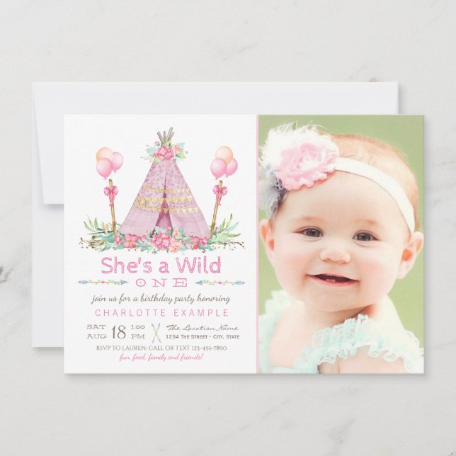 Invitación Fiesta de cumpleaños Wild One Camiseta Teepee rosa (Anverso)