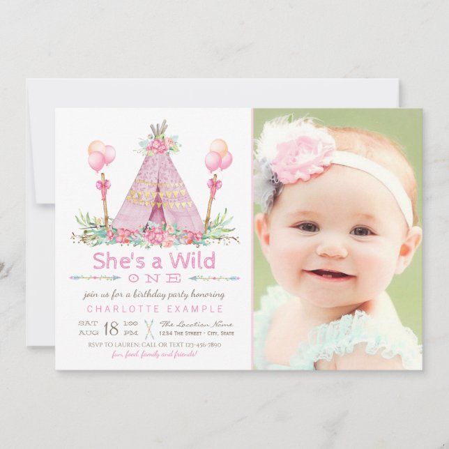 Invitación Fiesta de cumpleaños Wild One Camiseta Teepee rosa (Anverso)