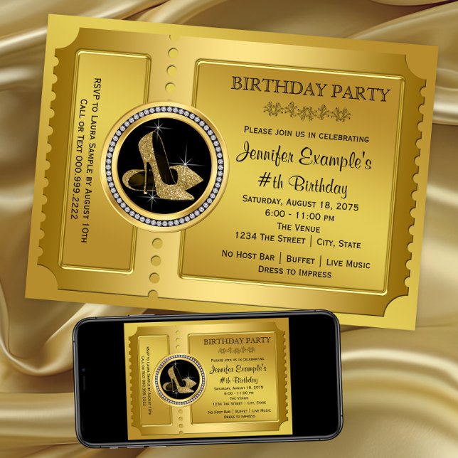 Invitación Fiesta de Cumpleaños Zapato de Tacón Alto Dorado (Gold high heel shoe invitation. Any event. Digital download and printed invitations available)
