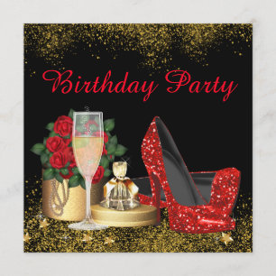 Invitación Fiesta de Cumpleaños Zapato de Tacón Alto Rojo Gla