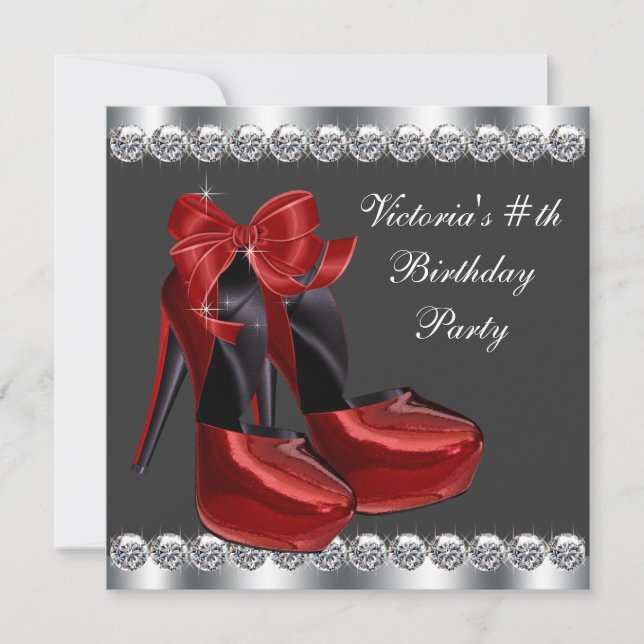 Invitación Fiesta de Cumpleaños Zapato de Tacón Alto Rojo Rub (Anverso)