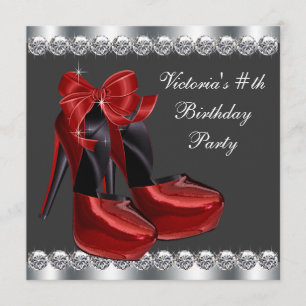 Invitación Fiesta de Cumpleaños Zapato de Tacón Alto Rojo Rub