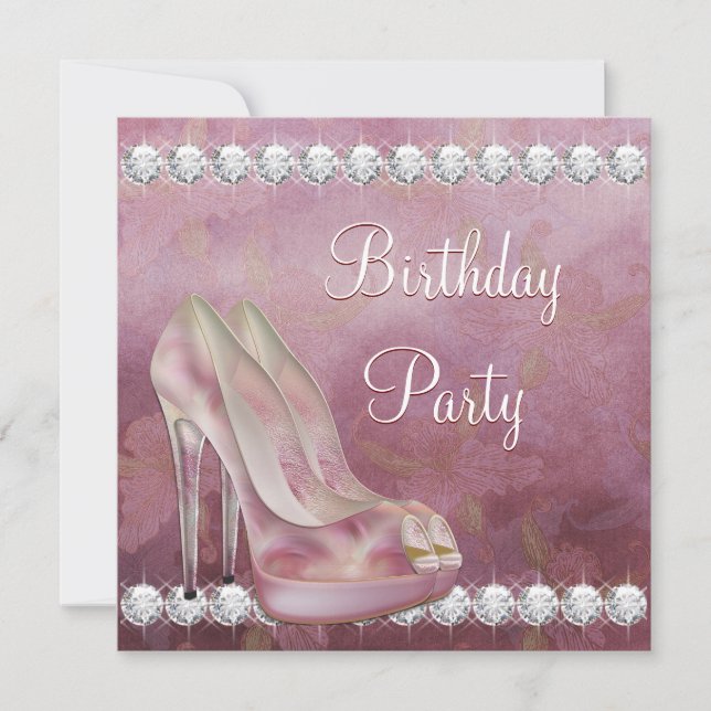 Invitación Fiesta de Cumpleaños Zapato de Tacón Alto Rosa Ele (Anverso)