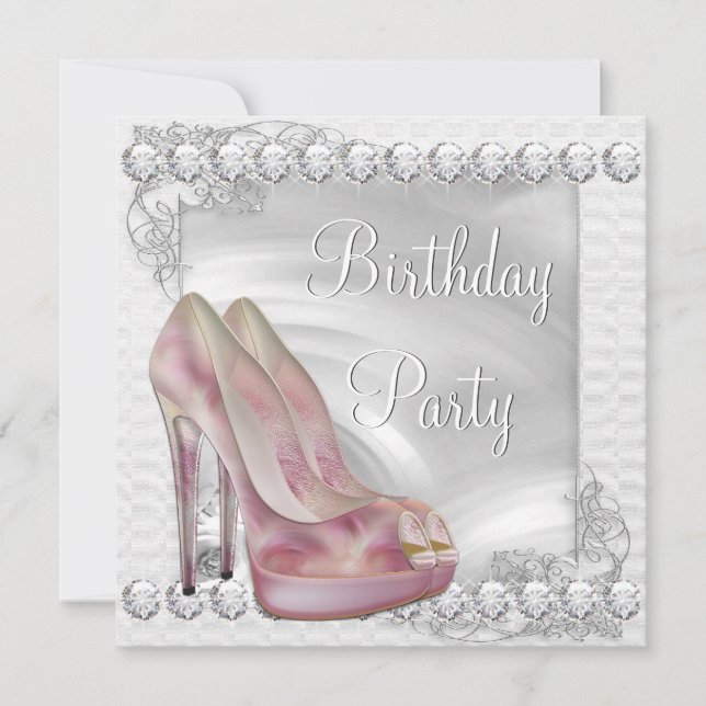 Invitación Fiesta de Cumpleaños Zapato de Tacón Alto Rosa Ele (Anverso)