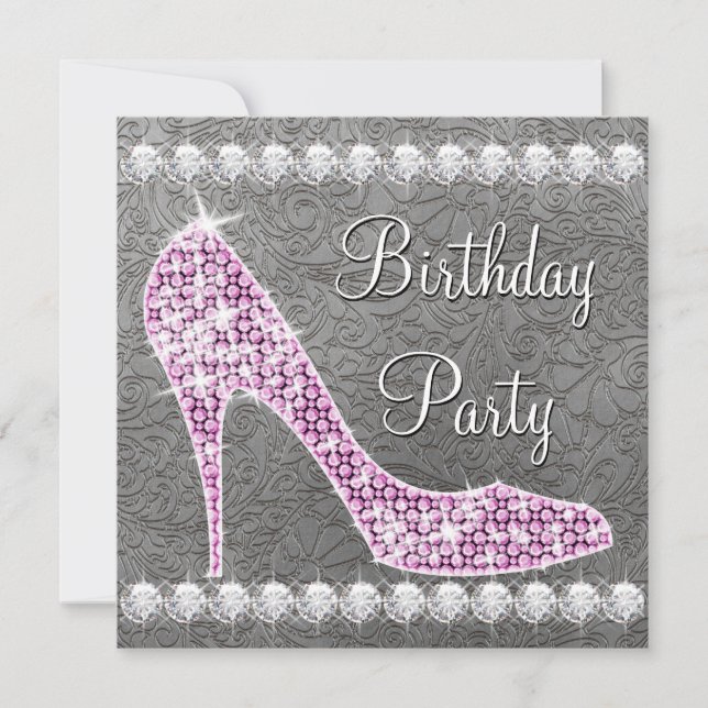 Invitación Fiesta de Cumpleaños Zapato de Tacón Alto Rosa Ele (Anverso)
