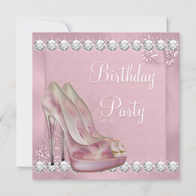 Invitación Fiesta de Cumpleaños Zapato de Tacón Alto Rosa Ele (Anverso)