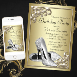 Invitación Fiesta de Cumpleaños Zapatos de Plata Marfil Dorad