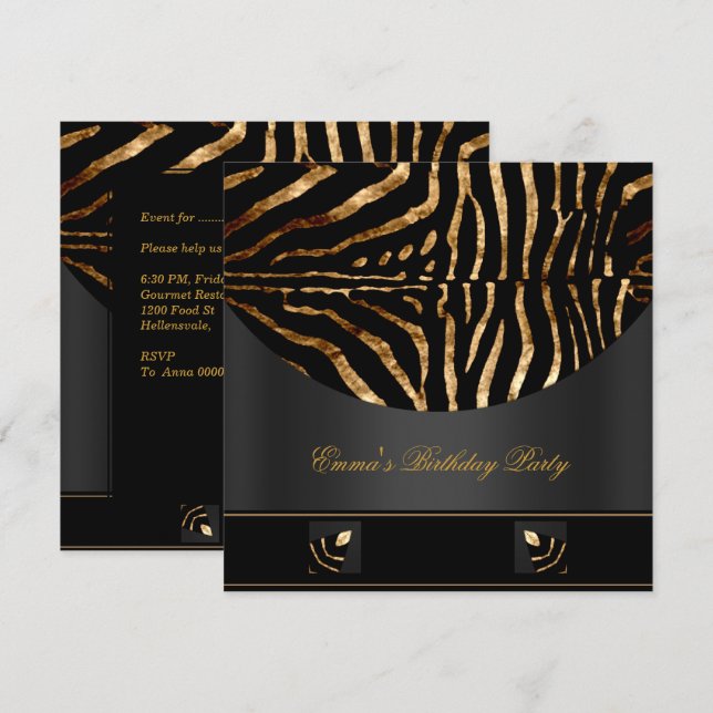 Invitación Fiesta de cumpleaños Zebra Black Gold Africa Wild  (Anverso / Reverso)