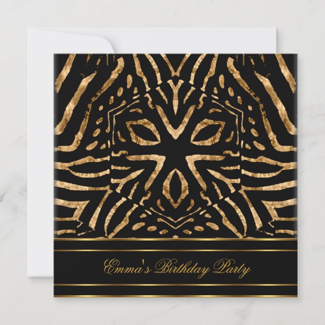Invitación Fiesta de cumpleaños Zebra Black Gold Africa Wild (Anverso)