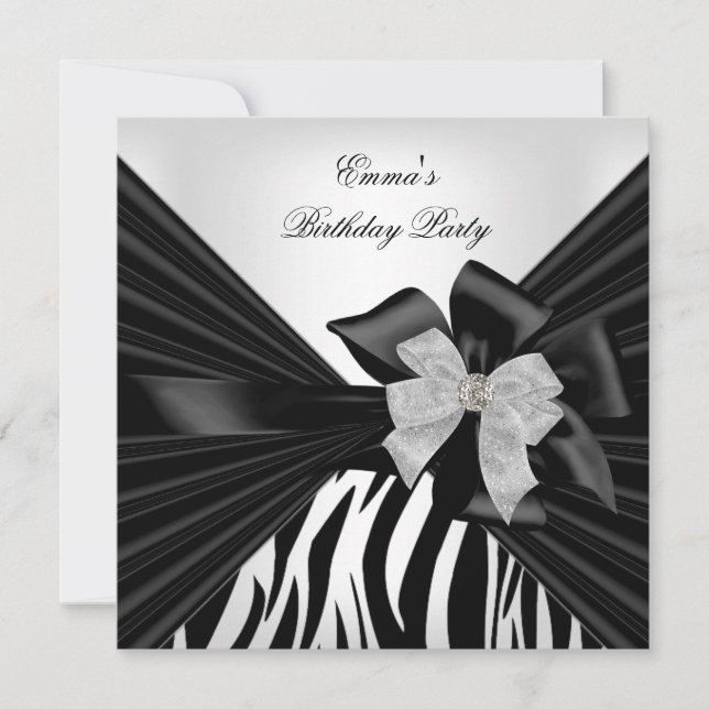 Invitación Fiesta de cumpleaños Zebra Elegante blanco negro (Anverso)