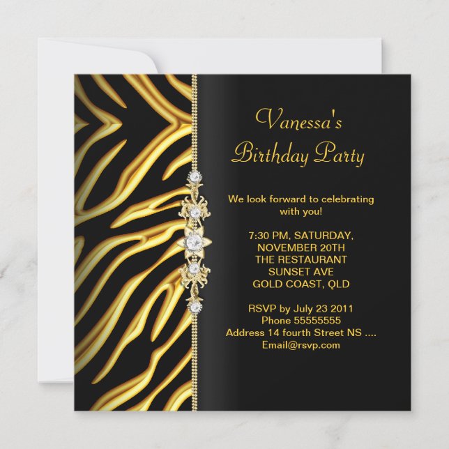 Invitación Fiesta de cumpleaños Zebra Gold Floral Negra (Anverso)