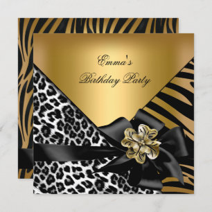 Invitación Fiesta de cumpleaños Zebra Leopard Gold Elegante