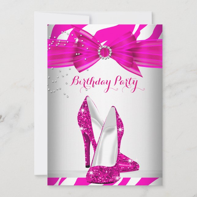 Invitación Fiesta de Cumpleaños Zebra Zapato de Tacón Alto Ro (Anverso)