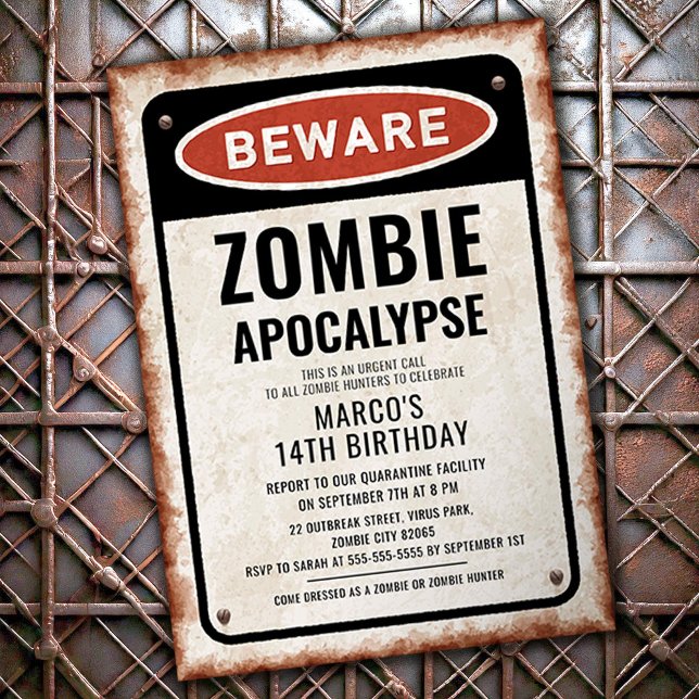 Invitación Fiesta de cumpleaños zombie con letrero oxidado de (Subido por el creador)