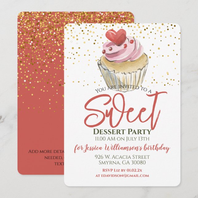 Invitación Fiesta de Cupcake de Postre (Anverso / Reverso)