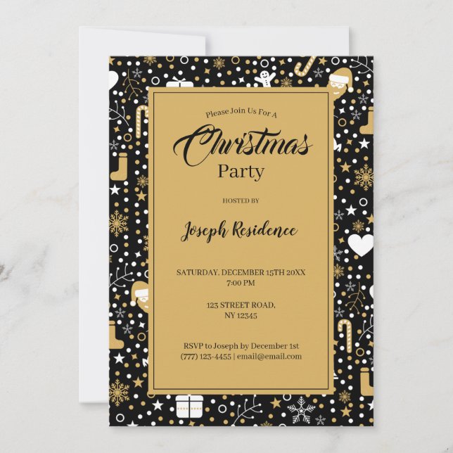 Invitación Fiesta de Cute Black Gold Polka Dots Script Navida (Anverso)