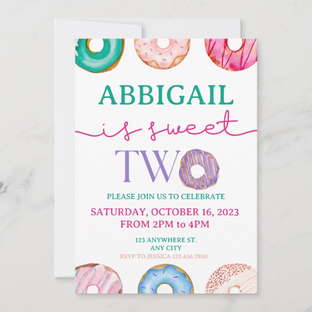 Invitación Fiesta de Cute Donut Dulce dos cumpleaños (Anverso)