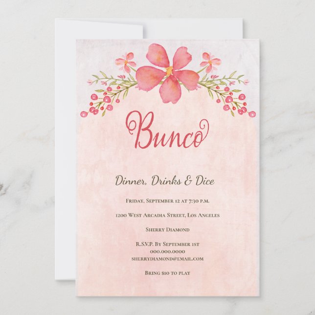 Invitación Fiesta de dados de Bunco floral rosado (Anverso)