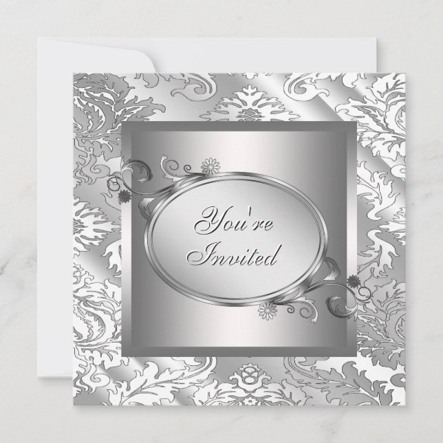 Invitación Fiesta de damasco blanco plateado (Anverso)