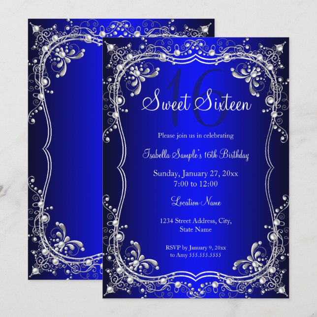 Invitación Fiesta de damasco perla plateada azul real Sweet 1 (Anverso / Reverso)