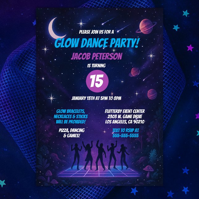 Invitación Fiesta de danza de espacio brillante adolescente c (Teen Glow Space Dance Party with Silhouettes Invitation
)