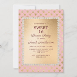 Invitación Fiesta de danza Rubor Pink Gold Tiara Sweet 16