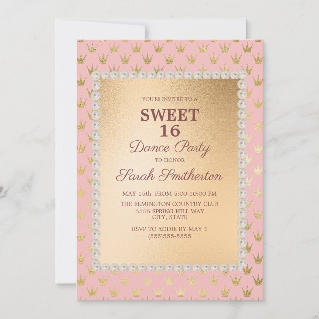 Invitación Fiesta de danza Rubor Pink Gold Tiara Sweet 16 (Anverso)