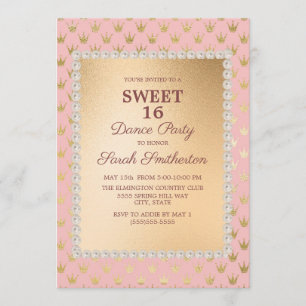 Invitación Fiesta de danza Rubor Pink Gold Tiara Sweet 16