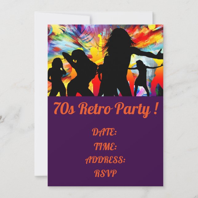 Invitación fiesta de danza temática retro de los años 70 (Anverso)