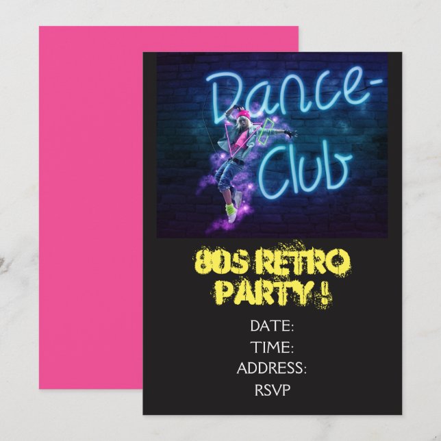 Invitación fiesta de danza temática retro de los años 80 (Anverso / Reverso)