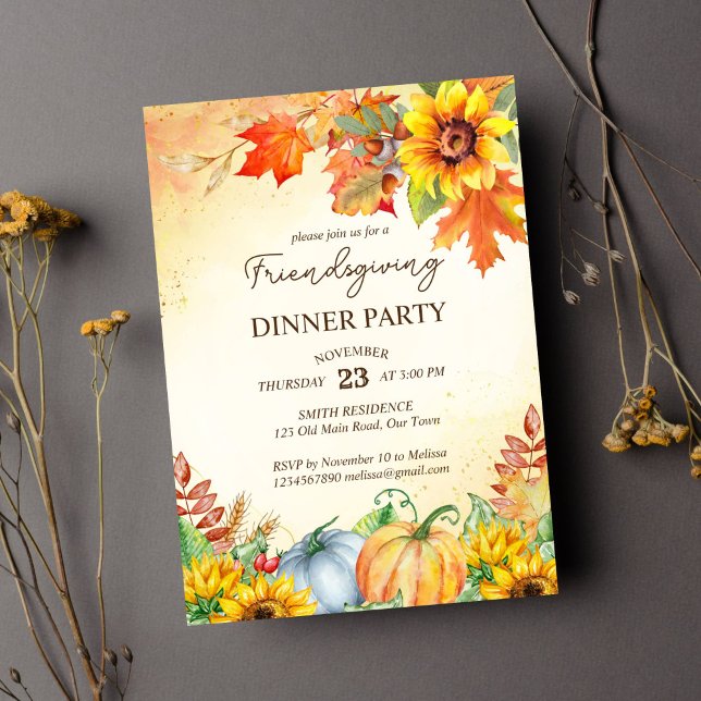 Invitación Fiesta de  de cena de los amigos de Acción de Grac (Friendsgiving thanksgiving dinner party template invitation instant download watercolor pumpkins)