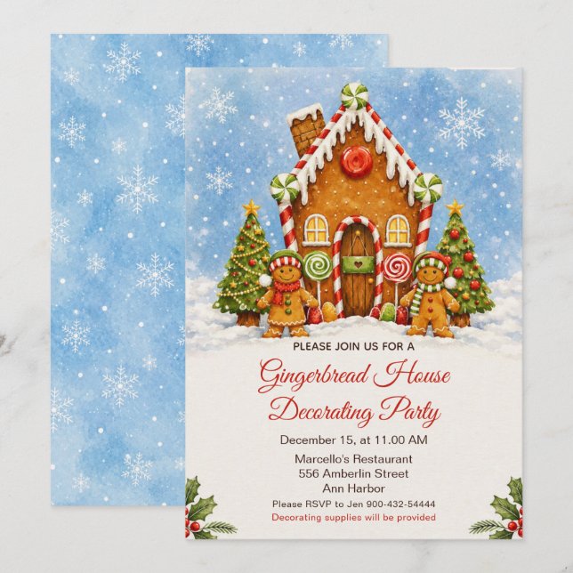 Invitación Fiesta de Decoración de Casas de Pan de Jengibre (Anverso / Reverso)