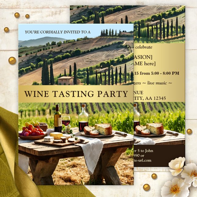 Invitación Fiesta de degustación de vino al aire libre italia (Italian style outdoors wine tasting party invitation featuring a Tuscan landscape with red wine)