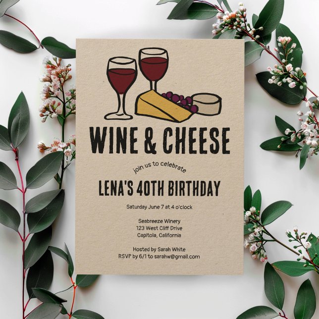 Invitación Fiesta de degustación de vino y queso Cumpleaños K (Wine & Cheese Tasting Party Birthday Kraft CUSTOM Invitation
)