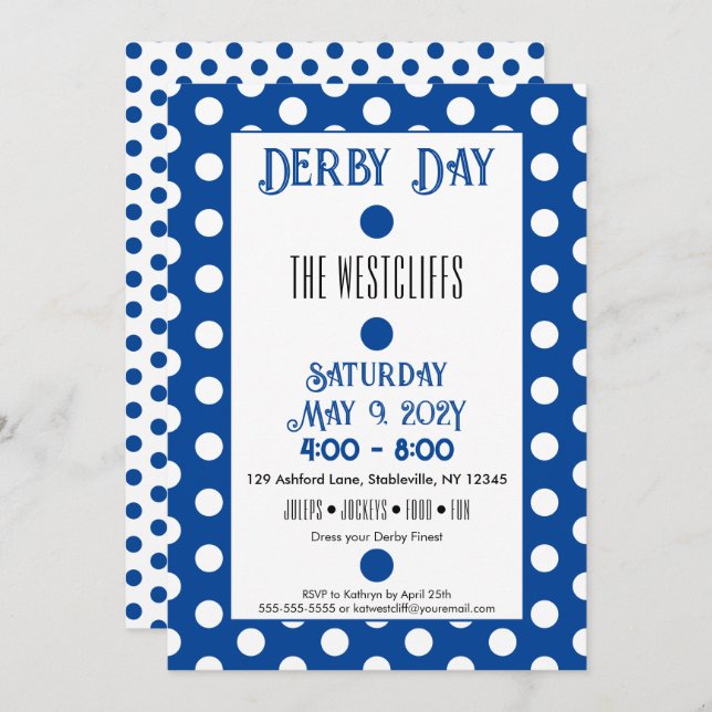 Invitación Fiesta de derby azul y blanco de puntos de seda jo (Anverso / Reverso)