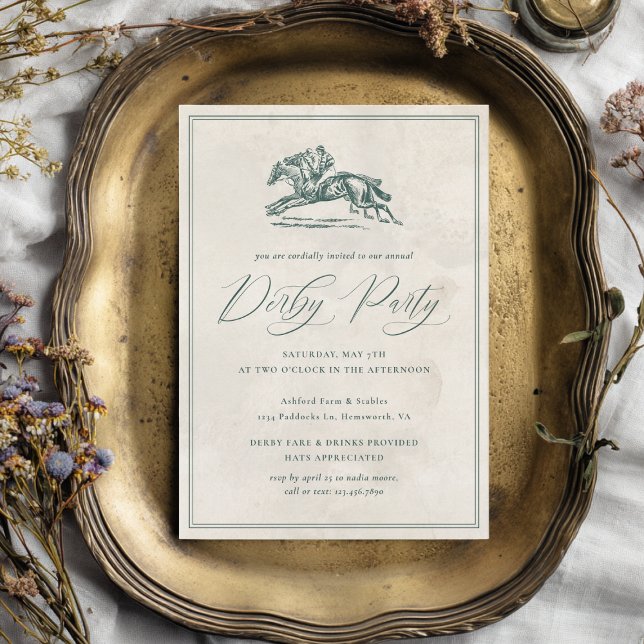 Invitación Fiesta de Derby Verde Elegante Caballos de Carrera (Elegant derby party invitation with a vintage race horses illustration and calligraphy)