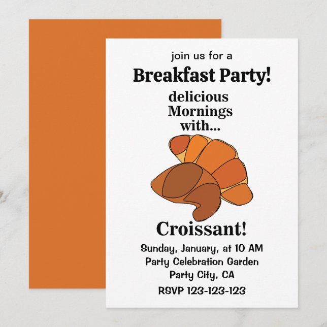 Invitación Fiesta de Desayuno de Pastelería de Croissant (Anverso / Reverso)