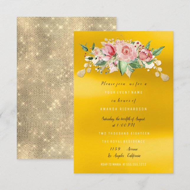 Invitación Fiesta de Desayuno para Novia Flor Pintada de Rosa (Anverso / Reverso)