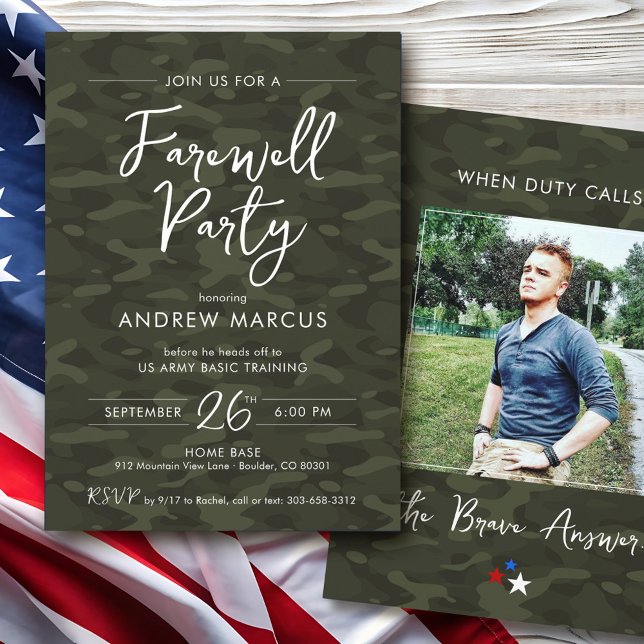 Invitación Fiesta de despedida con foto de camuflaje militar (Modern US Military camo simple soldier photo Army Air Force Marines Navy going away farewell party)