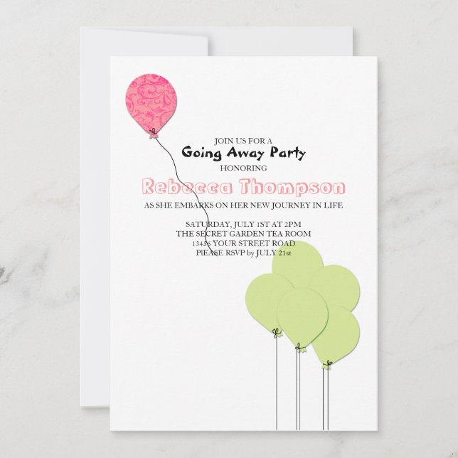 Invitación Fiesta de Despedida con Globos Rosados y Verdes (Anverso)
