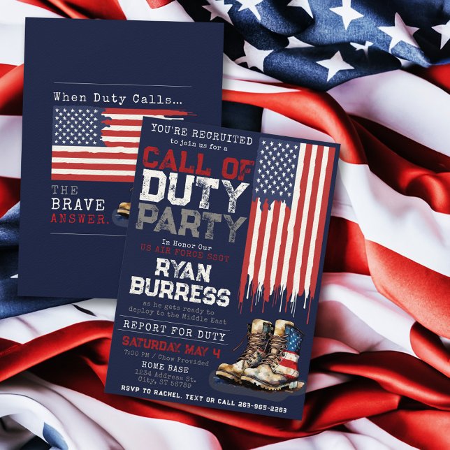 Invitación Fiesta de despedida de despliegue de bandera estad (Red white and navy blue US flag and watercolor combat boots Call of Duty military deployment party)
