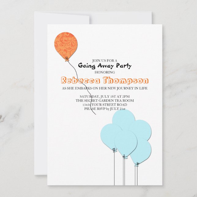 Invitación Fiesta de despedida de globos azules y naranjas (Anverso)