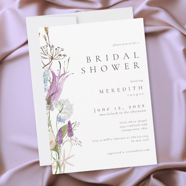 Invitación Fiesta de Despedida de Soltera Acuarela Minimalist (Purple Wildflower Watercolor Minimal Bridal Shower Invitation)