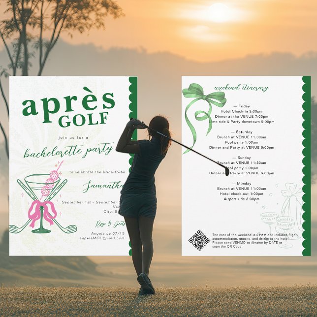 Invitación Fiesta de Despedida de Soltera Aprés Golf Martini  (Aprés Golf Martini Coquette Bow Last Swing Golfer Golf Themed Bachelorette Party Invitation)