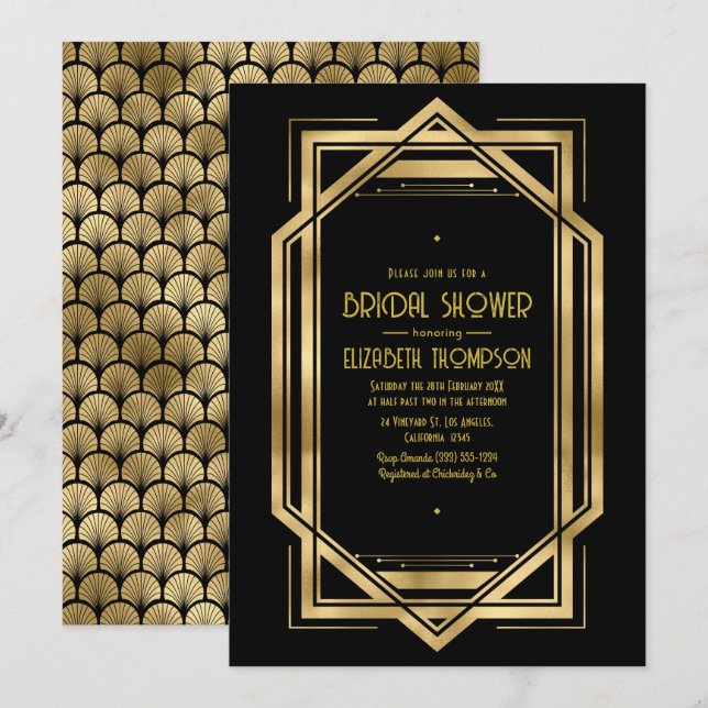 Invitación Fiesta de Despedida de Soltera Art Déco Dorado (Anverso / Reverso)