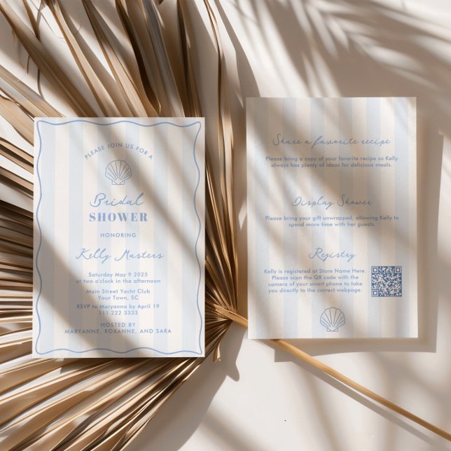 Invitación Fiesta de Despedida de Soltera Azul y Blanco Coste (Elegant and understated coastal themed double-sided bridal shower invitation with QR code)